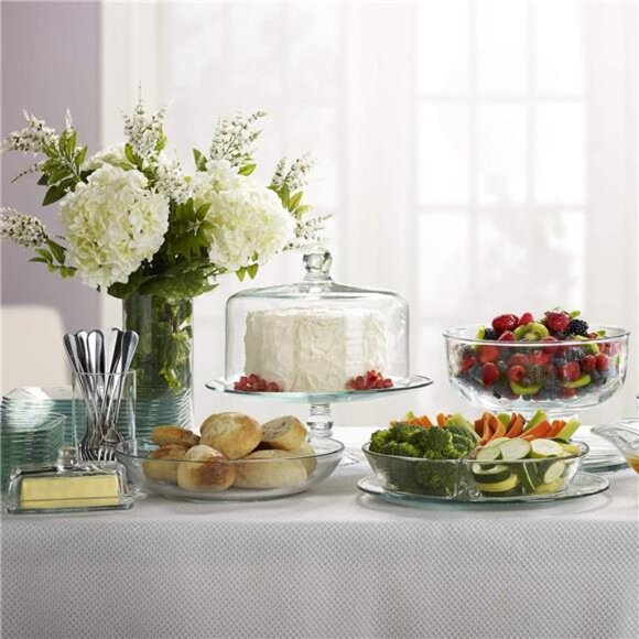 Glass Cake Stand with Dome Lid, Elegant Curved Footed Glass Cake Holder, Covered - Picture 5 of 8